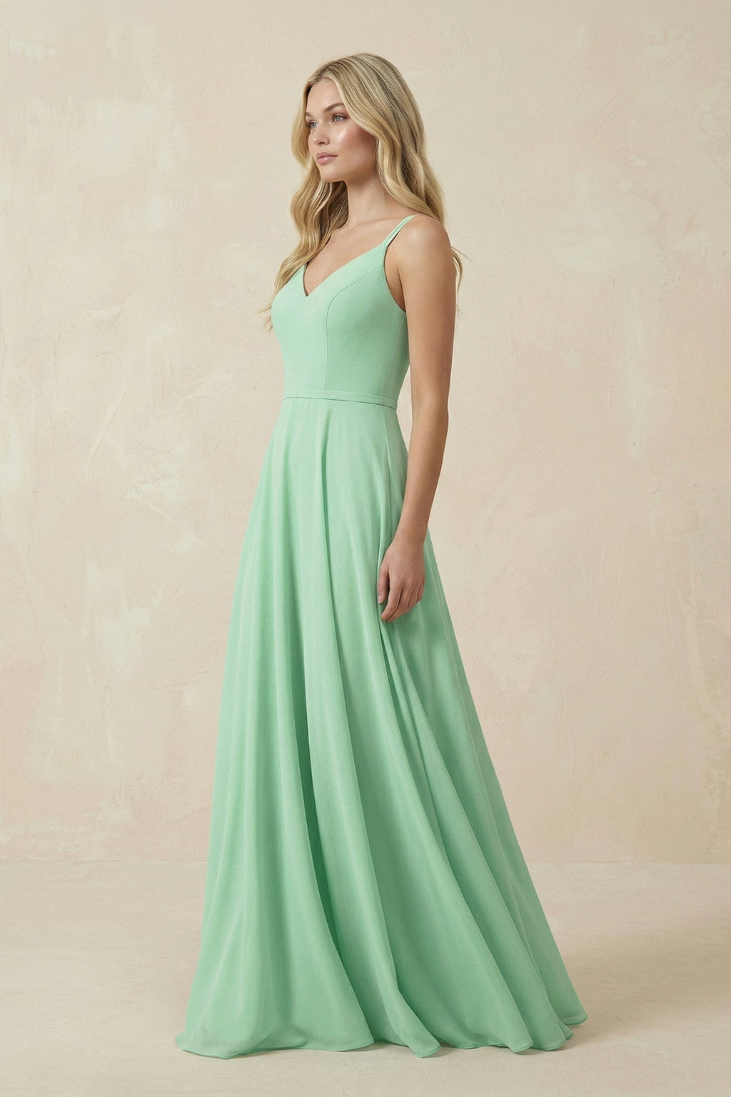 V-Neck A-Line Chiffon Mother of the Bride Dress with Crisscross Back in Pale Pistachio - Curvevia