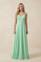 V-Neck A-Line Chiffon Mother of the Bride Dress with Crisscross Back in Pale Pistachio - Curvevia