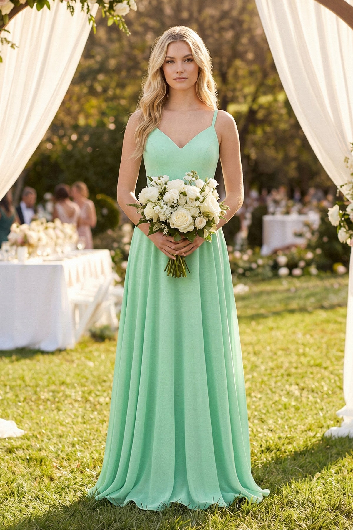V-Neck A-Line Chiffon Mother of the Bride Dress with Crisscross Back in Pale Pistachio - Curvevia