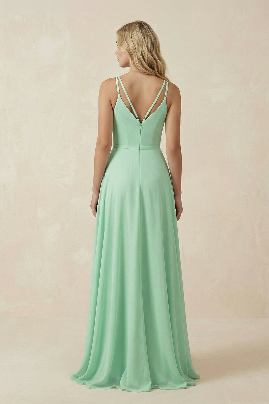 V-Neck A-Line Chiffon Mother of the Bride Dress with Crisscross Back in Pale Pistachio - Curvevia