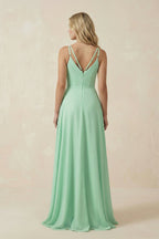 V-Neck A-Line Chiffon Mother of the Bride Dress with Crisscross Back in Pale Pistachio - Curvevia