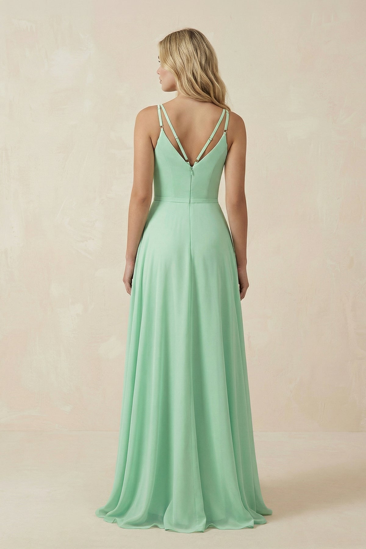 V-Neck A-Line Chiffon Mother of the Bride Dress with Crisscross Back in Pale Pistachio - Curvevia