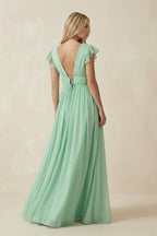V-Neck A-Line Chiffon Cap Sleeves Mother of the Bride Dress in Pale Pistachio - Curvevia