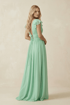 V-Neck A-Line Chiffon Cap Sleeves Mother of the Bride Dress in Pale Pistachio - Curvevia