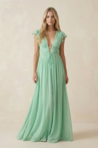 V-Neck A-Line Chiffon Cap Sleeves Mother of the Bride Dress in Pale Pistachio - Curvevia