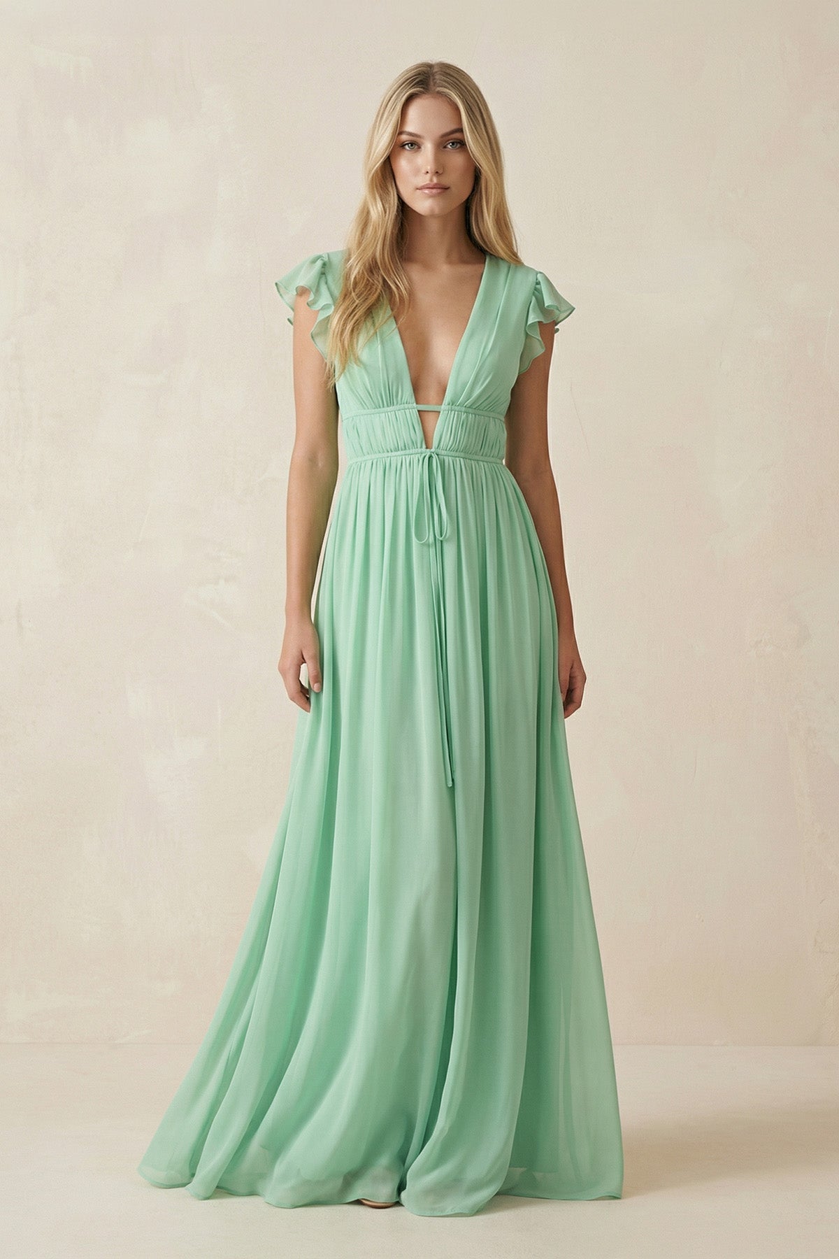 V-Neck A-Line Chiffon Cap Sleeves Mother of the Bride Dress in Pale Pistachio - Curvevia