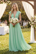 V-Neck A-Line Chiffon Cap Sleeves Mother of the Bride Dress in Pale Pistachio - Curvevia