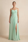 V-Neck A-Line Chiffon Pleated Mother of the Bride Dress in Pale Pistachio - Curvevia