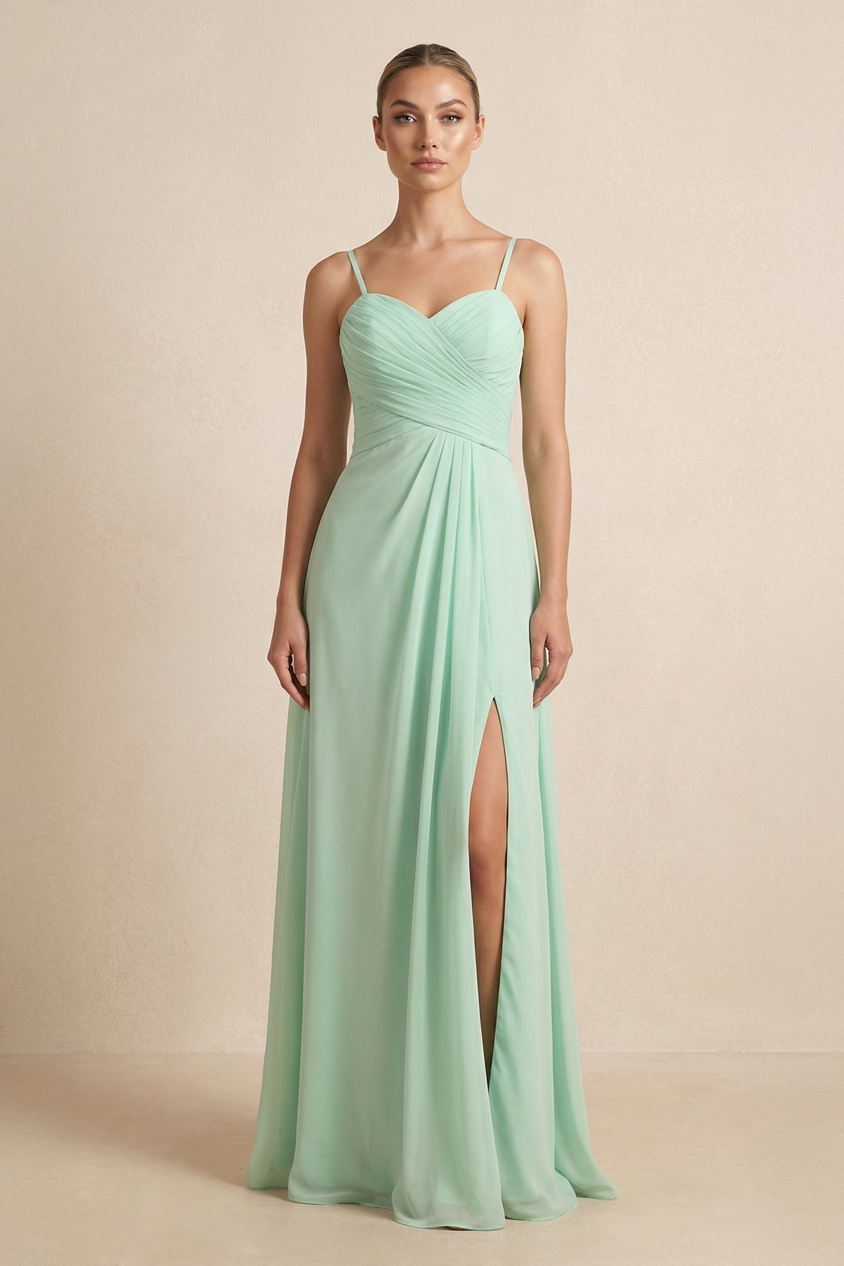 V-Neck A-Line Chiffon Pleated Mother of the Bride Dress in Pale Pistachio - Curvevia