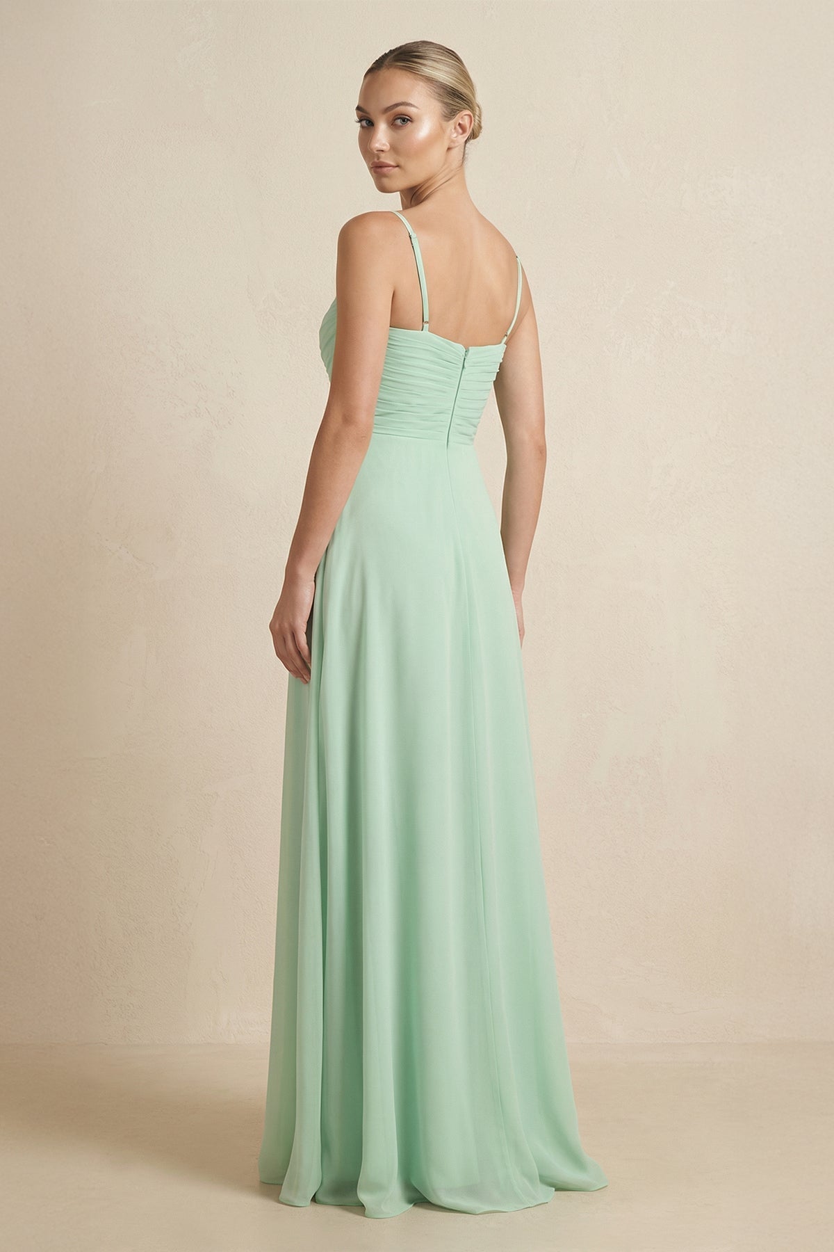 V-Neck A-Line Chiffon Pleated Mother of the Bride Dress in Pale Pistachio - Curvevia