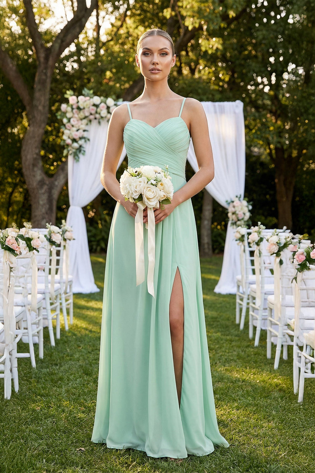 V-Neck A-Line Chiffon Pleated Mother of the Bride Dress in Pale Pistachio - Curvevia