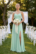 V-Neck A-Line Chiffon Pleated Mother of the Bride Dress in Pale Pistachio - Curvevia