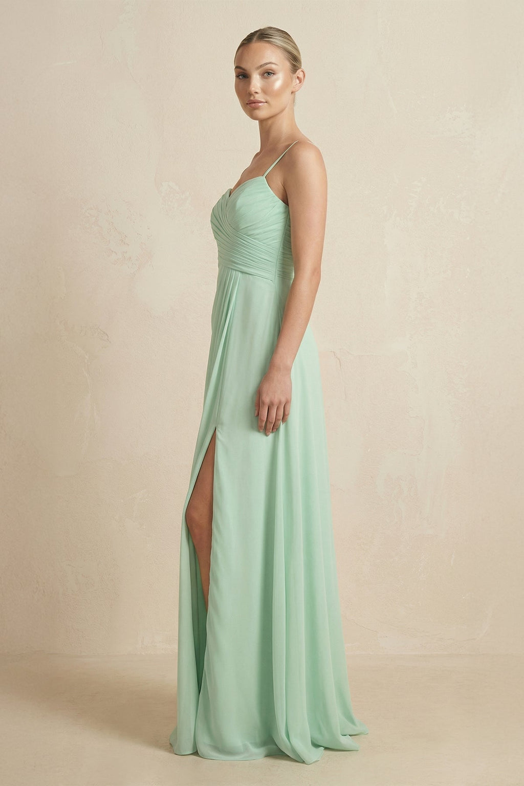 V-Neck A-Line Chiffon Pleated Mother of the Bride Dress in Pale Pistachio - Curvevia