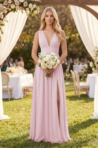 V-Neck A-Line Chiffon Ruched Bridesmaid Dress in Candy Pink - Curvevia