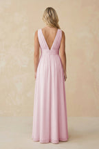 V-Neck A-Line Chiffon Ruched Bridesmaid Dress in Candy Pink - Curvevia
