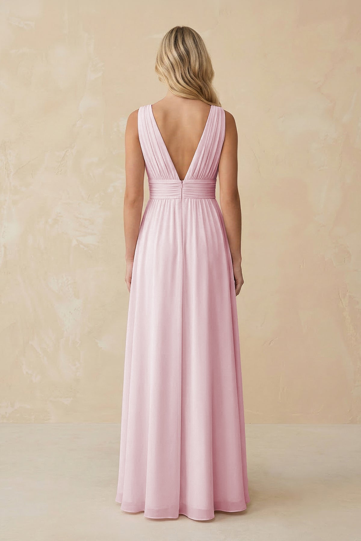 V-Neck A-Line Chiffon Ruched Bridesmaid Dress in Candy Pink - Curvevia