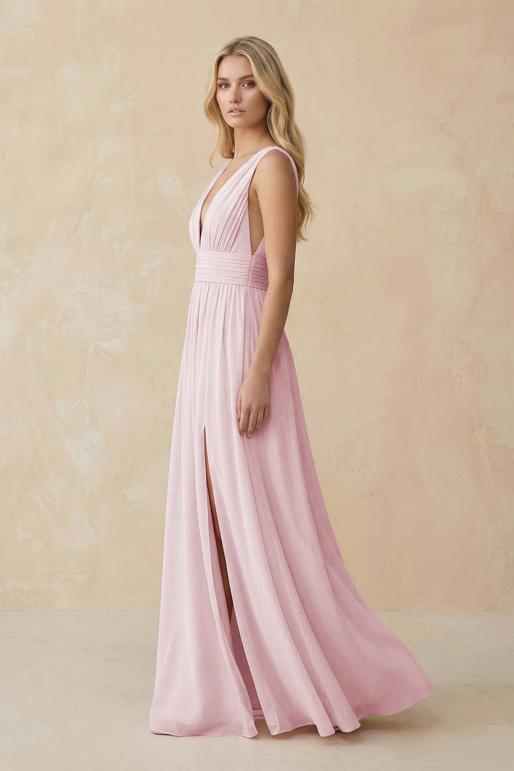 V-Neck A-Line Chiffon Ruched Bridesmaid Dress in Candy Pink - Curvevia