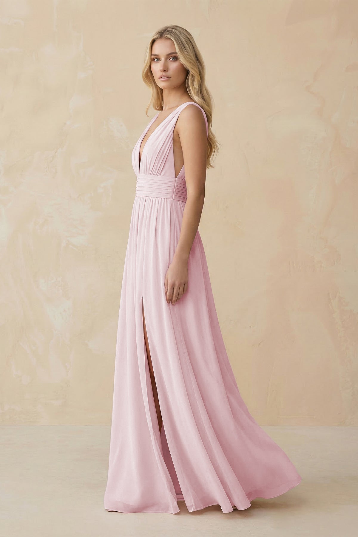 V-Neck A-Line Chiffon Ruched Bridesmaid Dress in Candy Pink - Curvevia