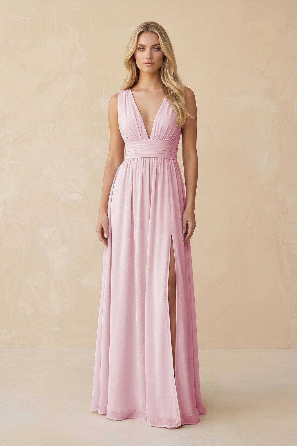 V-Neck A-Line Chiffon Ruched Bridesmaid Dress in Candy Pink - Curvevia