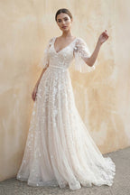 Romantic Ivory Lace Flower Appliques Wedding Dress - Curvevia