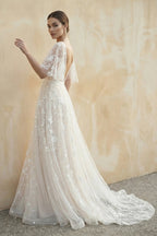 Romantic Ivory Lace Flower Appliques Wedding Dress - Curvevia