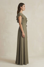V-Neck A-Line Ruffled Chiffon Bridesmaid Dress With Bow in Willow Green - Curvevia