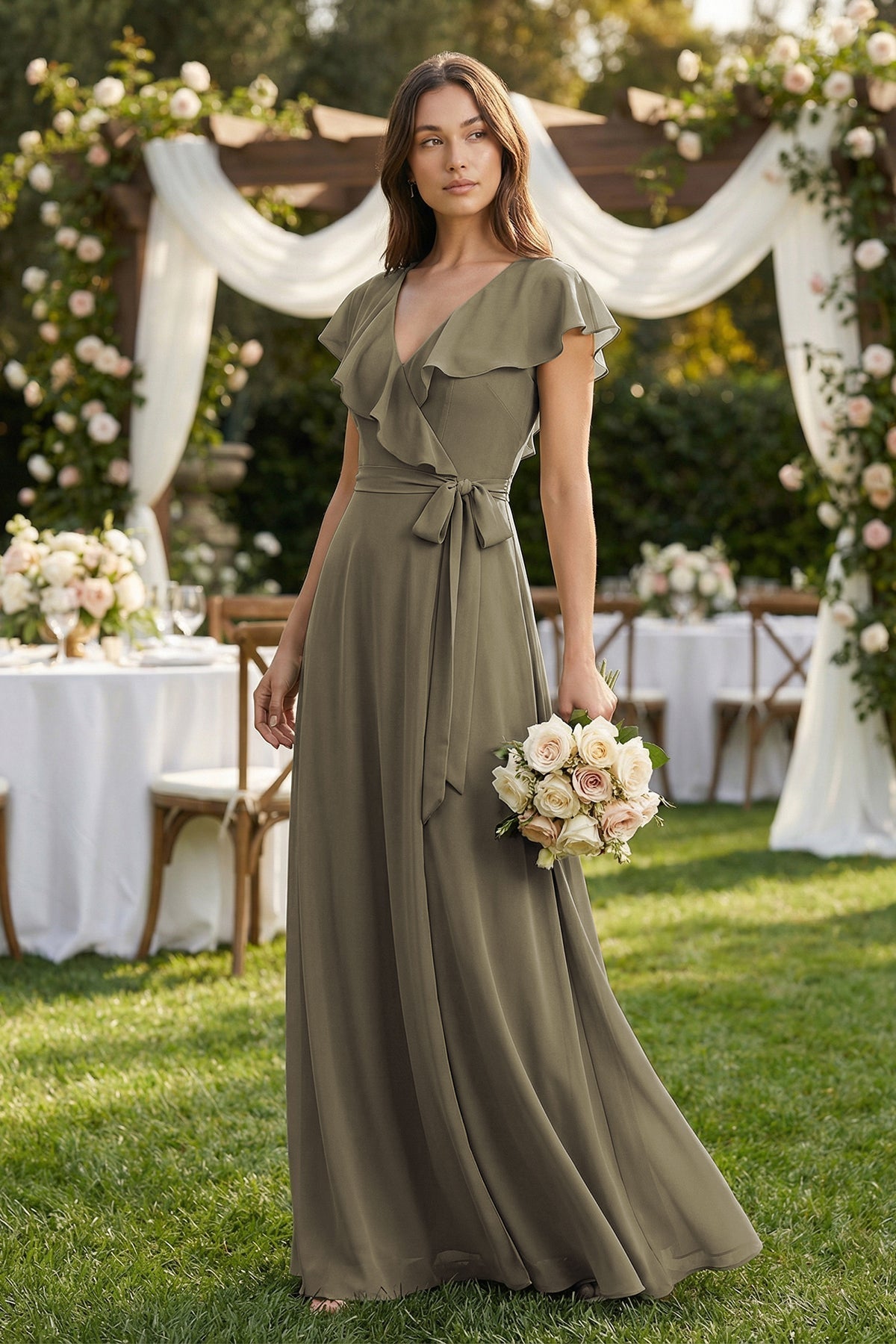 V-Neck A-Line Ruffled Chiffon Bridesmaid Dress With Bow in Willow Green - Curvevia