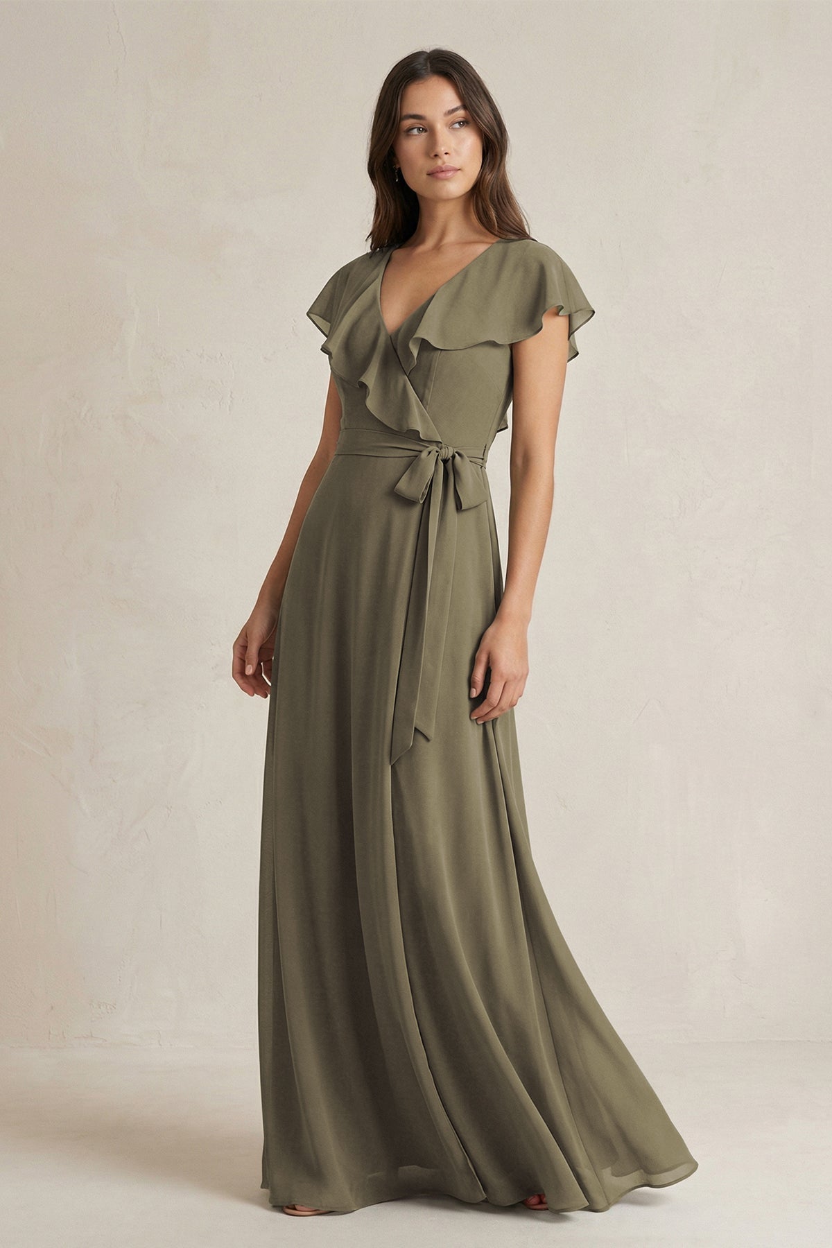 V-Neck A-Line Ruffled Chiffon Bridesmaid Dress With Bow in Willow Green - Curvevia