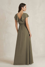 V-Neck A-Line Ruffled Chiffon Bridesmaid Dress With Bow in Willow Green - Curvevia
