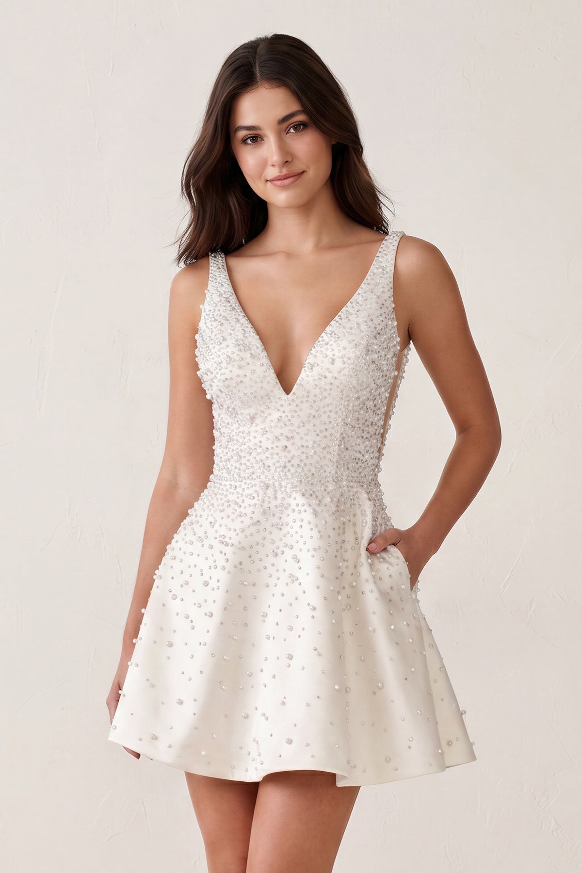V-Neck A-Line Satin Homecoming Dress With Pearl - Curvevia