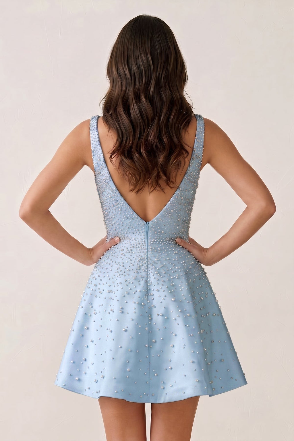 V-Neck A-Line Satin Homecoming Dress With Pearl - Curvevia
