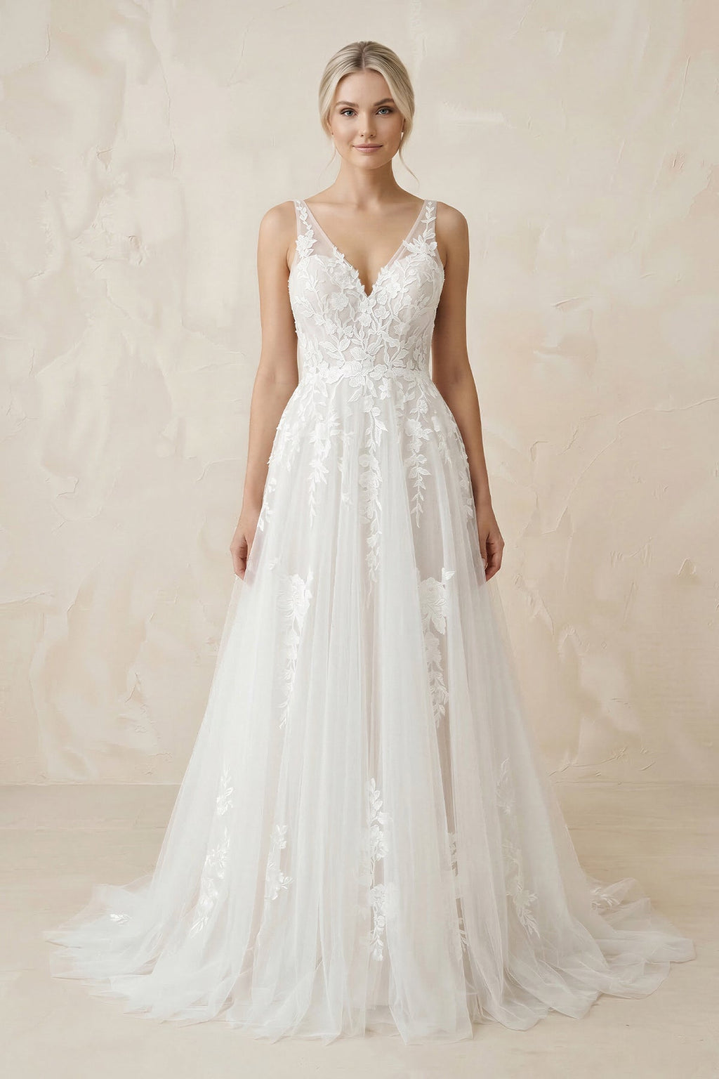 A-Line V Back Long White Wedding Dress with Lace Appliqued - Curvevia