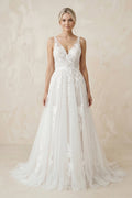 A-Line V Back Long White Wedding Dress with Lace Appliqued - Curvevia