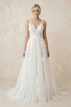 A-Line V Back Long White Wedding Dress with Lace Appliqued - Curvevia