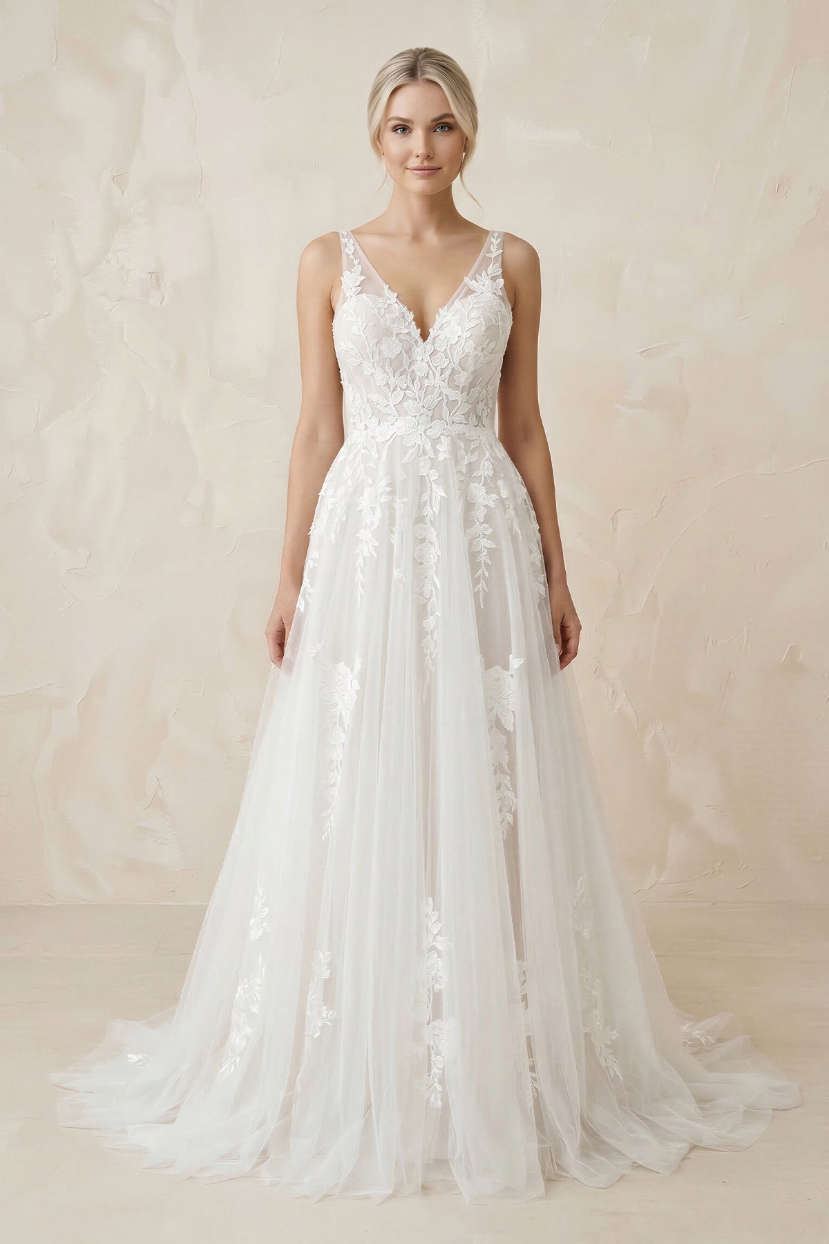 A-Line V Back Long White Wedding Dress with Lace Appliqued - Curvevia