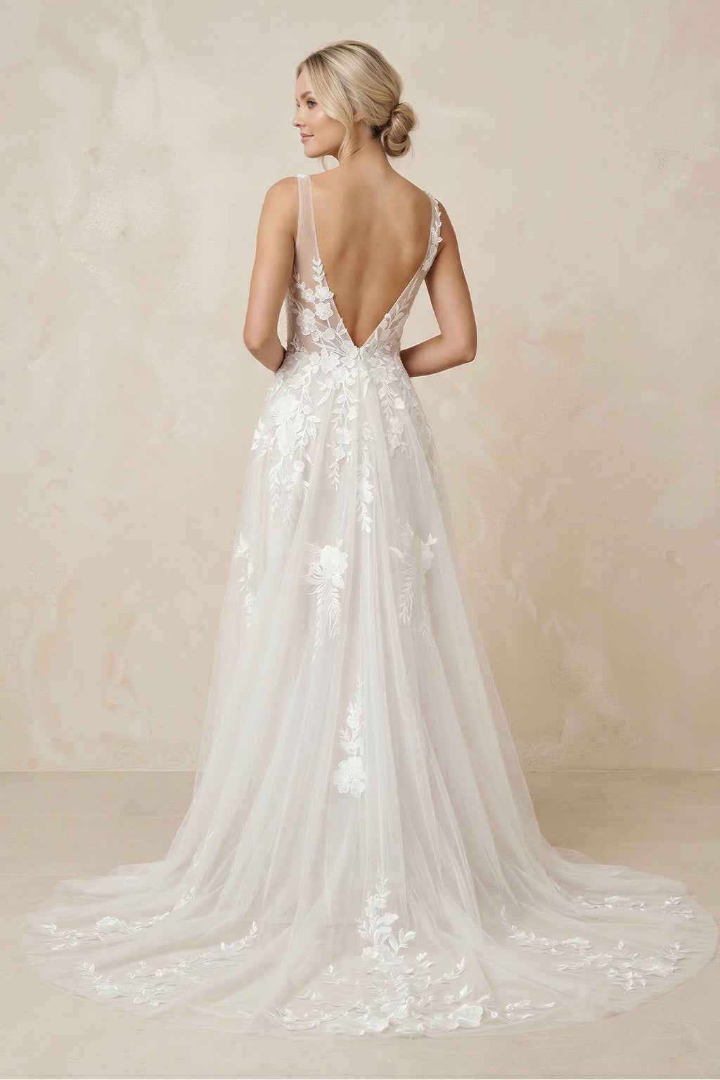 A-Line V Back Long White Wedding Dress with Lace Appliqued - Curvevia