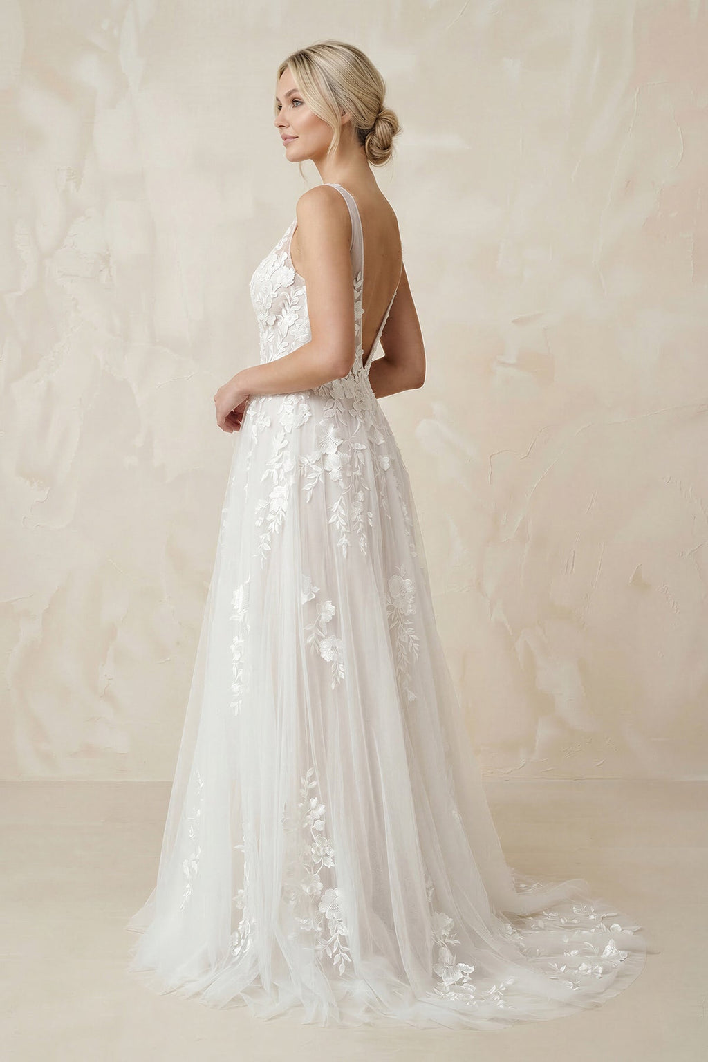 A-Line V Back Long White Wedding Dress with Lace Appliqued - Curvevia