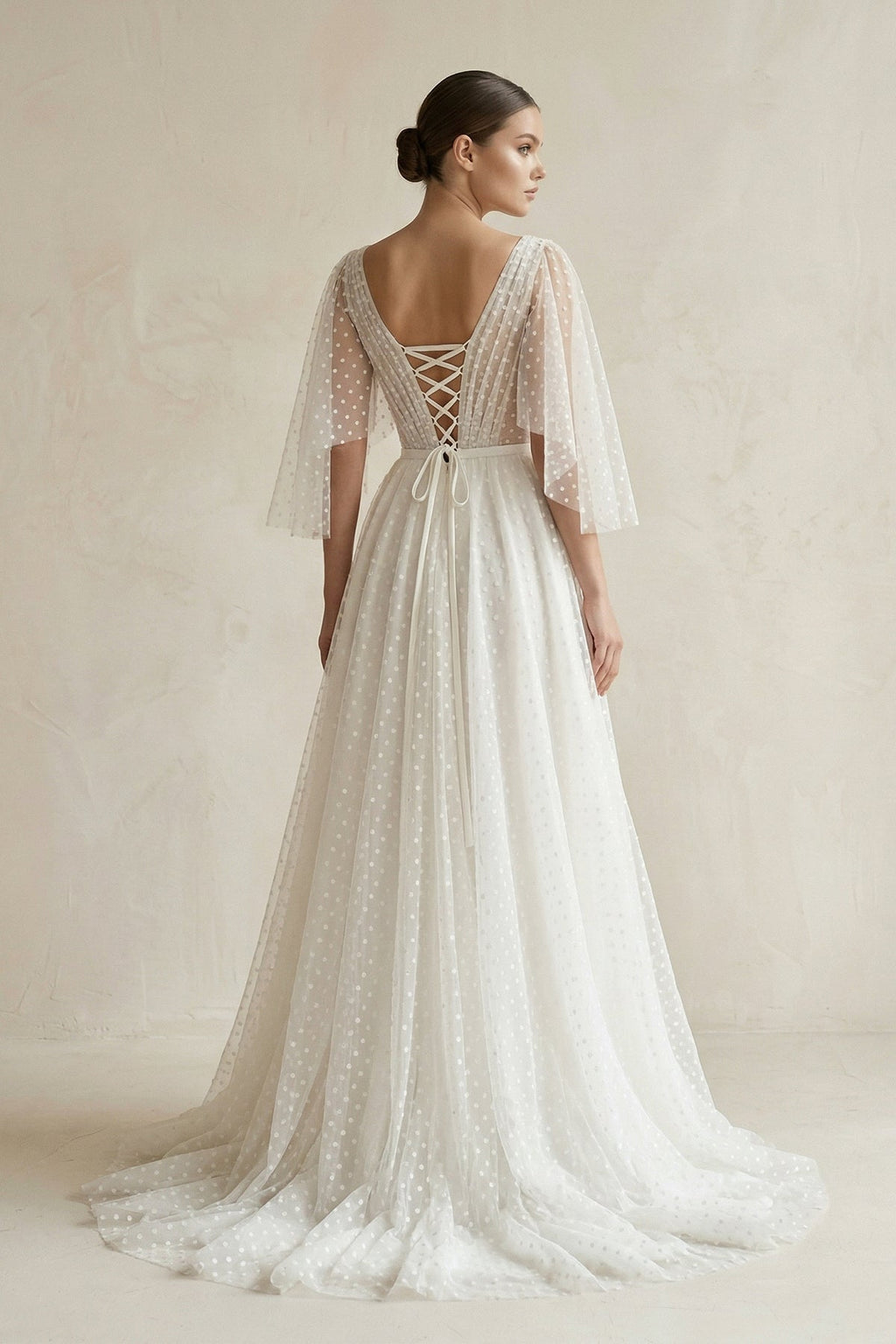 V Neck A-Line Tulle Ruched Wedding Dress With Polka Dot in White - Curvevia