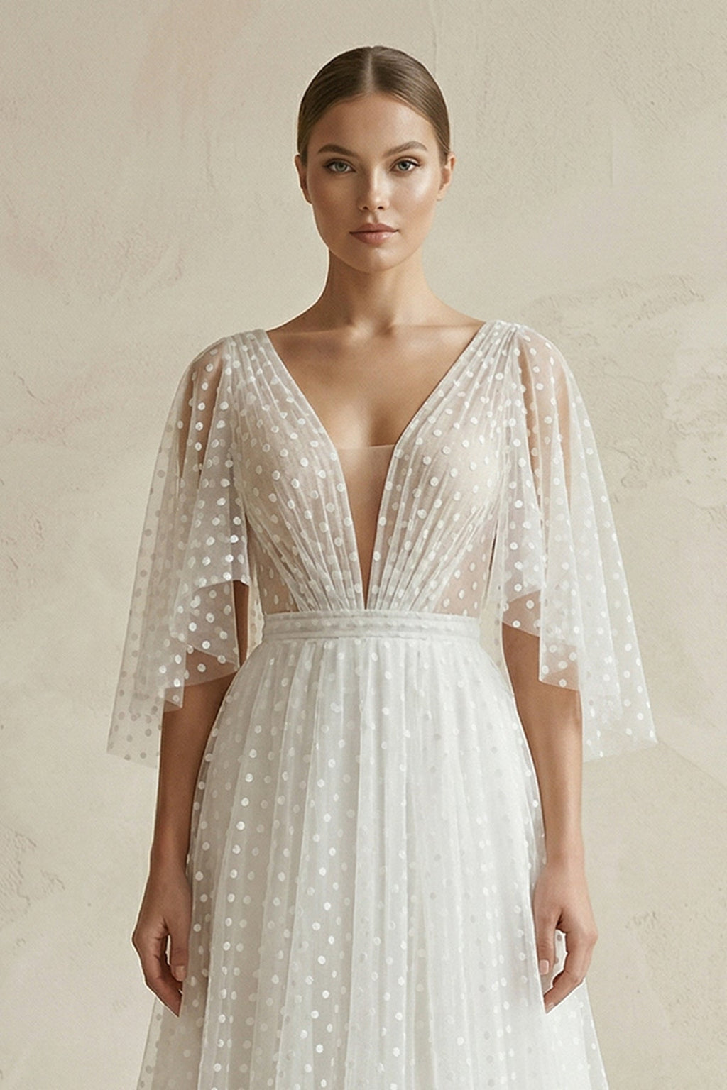 V Neck A-Line Tulle Ruched Wedding Dress With Polka Dot in White - Curvevia