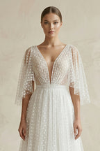 V Neck A-Line Tulle Ruched Wedding Dress With Polka Dot in White - Curvevia