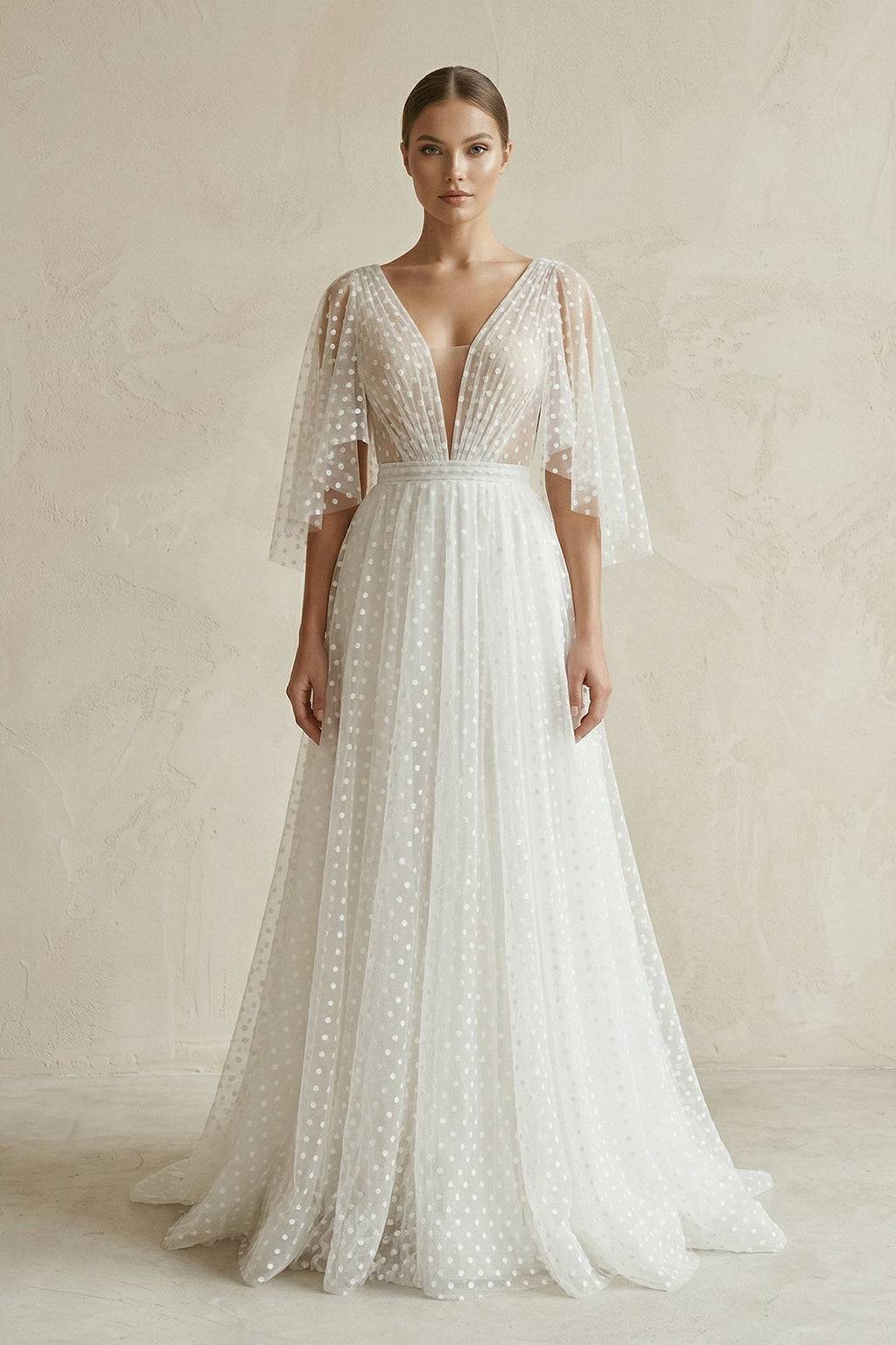 V Neck A-Line Tulle Ruched Wedding Dress With Polka Dot in White - Curvevia