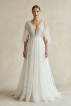 V Neck A-Line Tulle Ruched Wedding Dress With Polka Dot in White - Curvevia