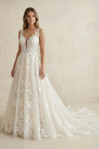 Ivory V-Neck A-Line Tulle Wedding Dress with Pockets - Curvevia