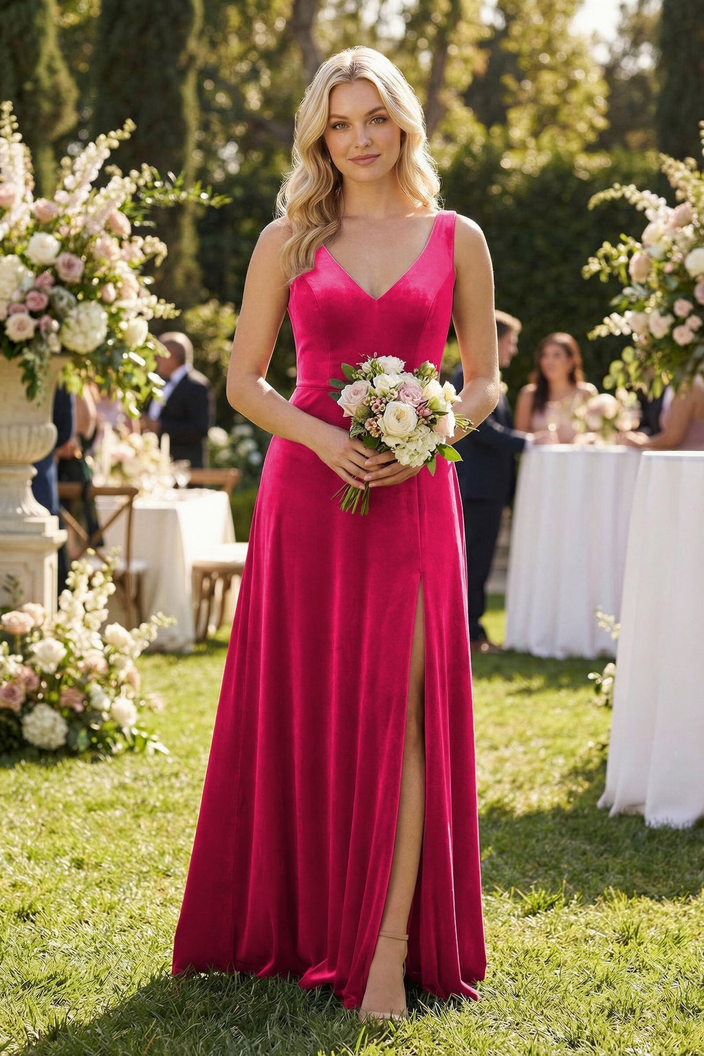 V-Neck A-Line Velvet Mother of the Bride Dress in Fuchsia - Curvevia
