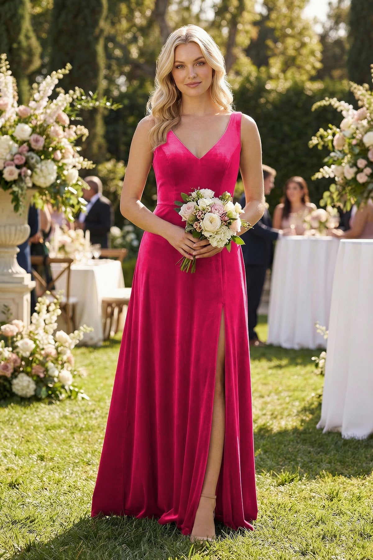 V-Neck A-Line Velvet Mother of the Bride Dress in Fuchsia - Curvevia