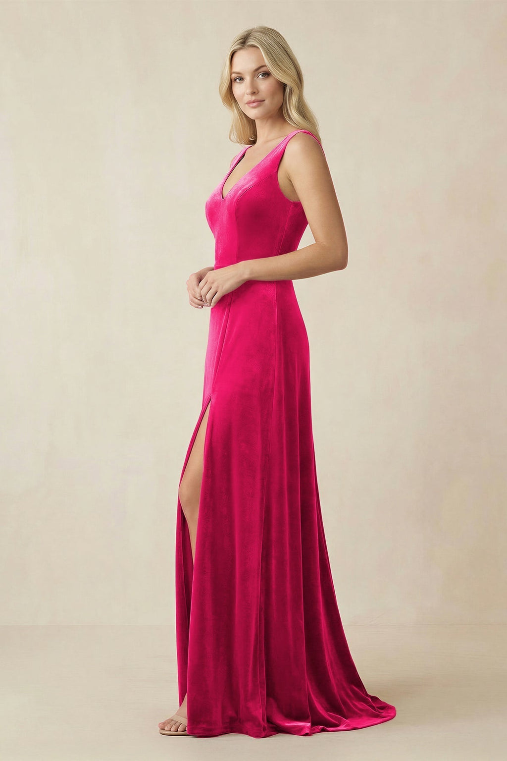 V-Neck A-Line Velvet Mother of the Bride Dress in Fuchsia - Curvevia