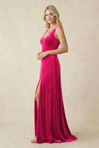 V-Neck A-Line Velvet Mother of the Bride Dress in Fuchsia - Curvevia