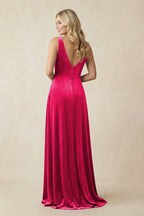 V-Neck A-Line Velvet Mother of the Bride Dress in Fuchsia - Curvevia