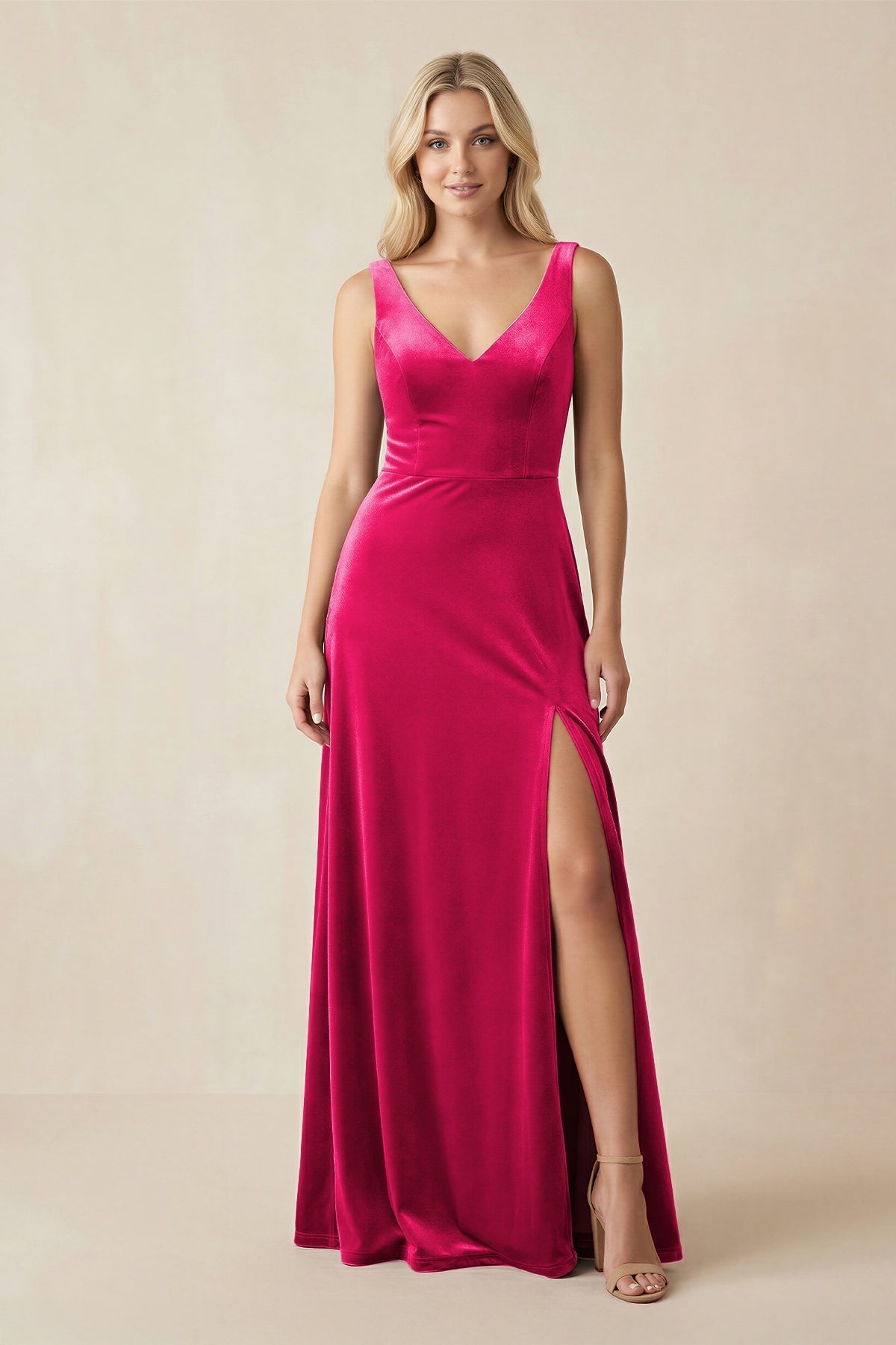 V-Neck A-Line Velvet Mother of the Bride Dress in Fuchsia - Curvevia
