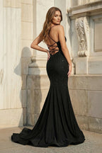 Mermaid V Neck Glitter Satin Evening Dress - Curvevia